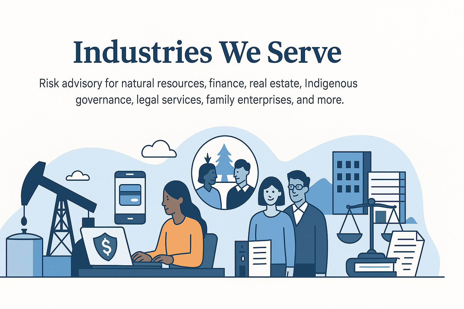 Flat-style illustration showing icons for natural resources, finance, real estate, legal services, Indigenous governance, and family businesses—representing Afcote’s industry-specific risk advisory services.