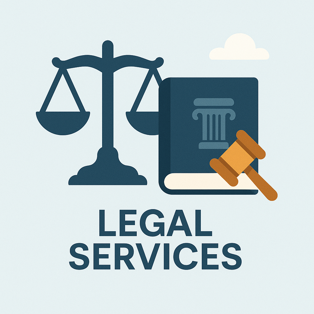 Legal services risk advisory illustration with gavel, scale, and contract