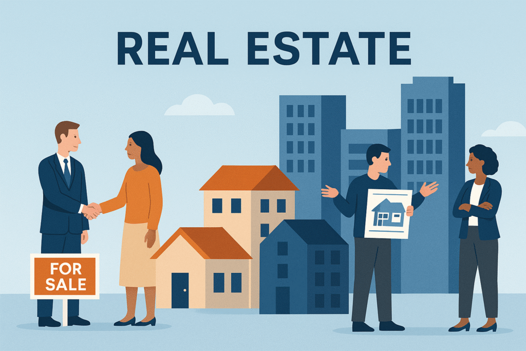 Real estate risk management graphic with commercial buildings and documents